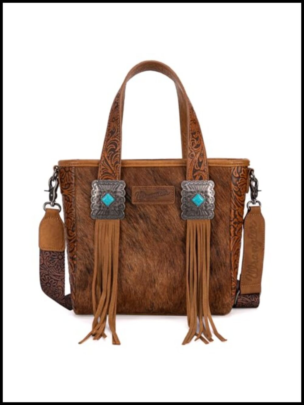 Western Hair-on Cowhide Tote Bag with Turquoise Stone Concho Fringing Tooling